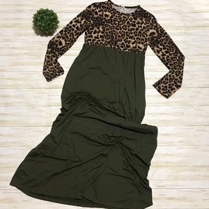Long Modest Empire Waist Maxi Dress Leopard Print Olive Green Pickets Size Large